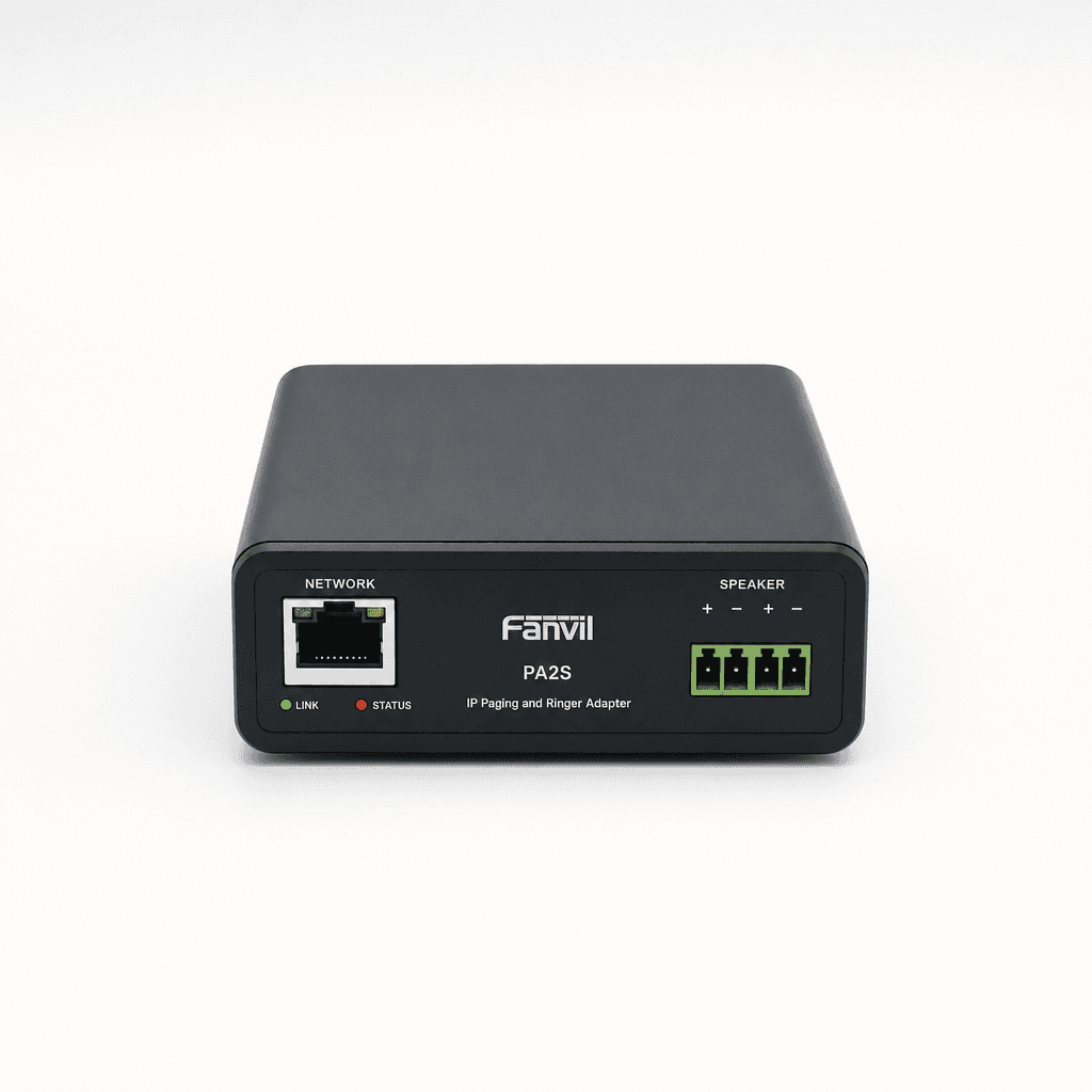 Compact paging adapter wired to a wall-mounted speaker