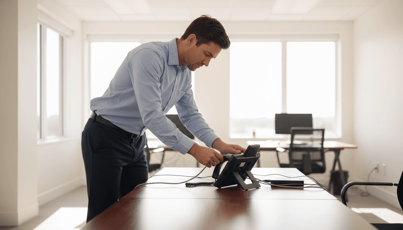 Telecommunications technician installing a VoIP phone system in a modern Toronto office