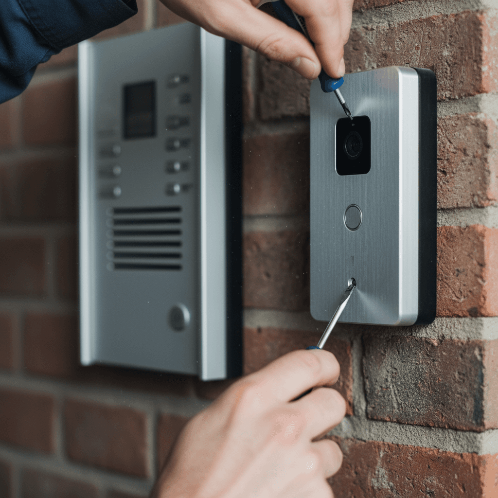 Technician mounting a VoIP doorphone at a commercial entrance