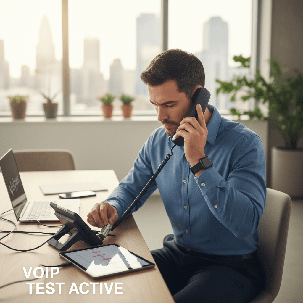 Technician testing a VoIP ringer adapter