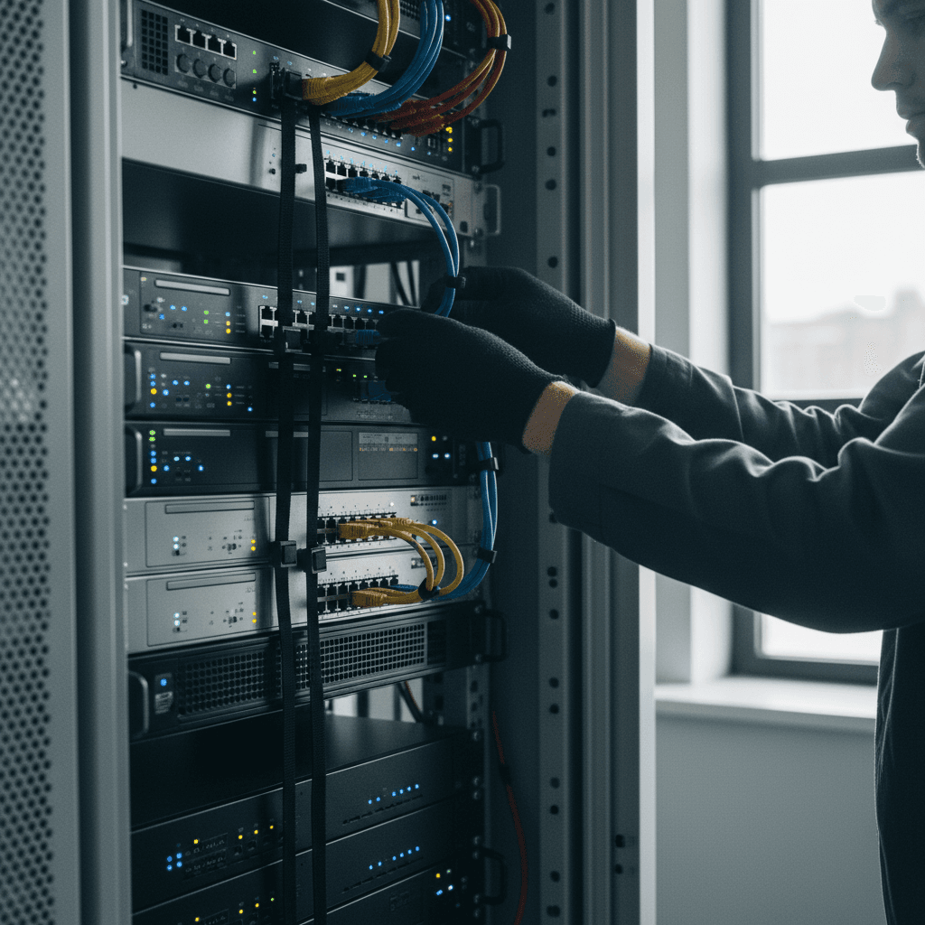 Technician installing VoIP hardware in equipment rack