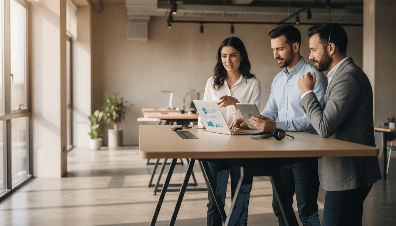 Business team collaborating in a modern office using cloud-based communications