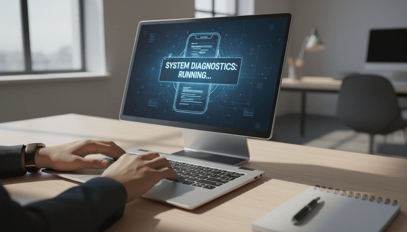 Professional using laptop to troubleshoot VoIP phone system with AI assistance