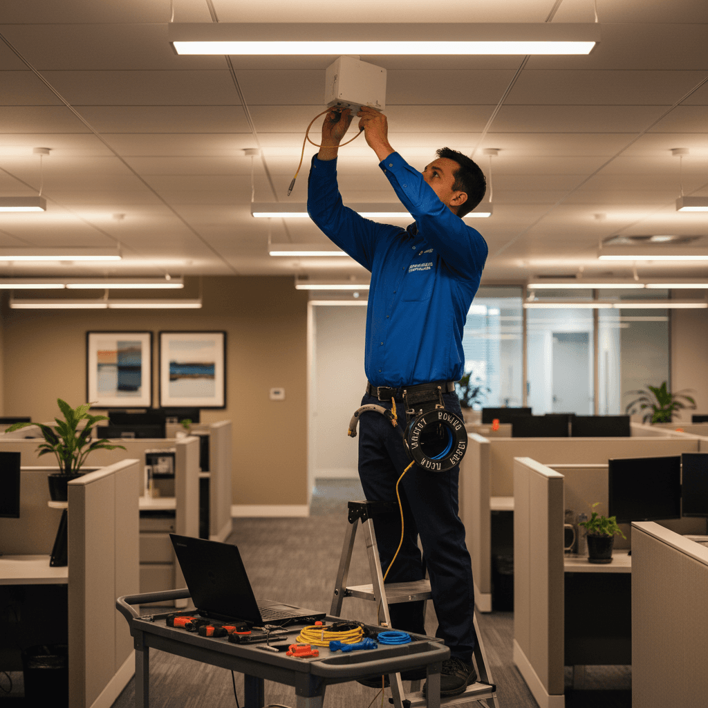 Technician installing VoIP equipment