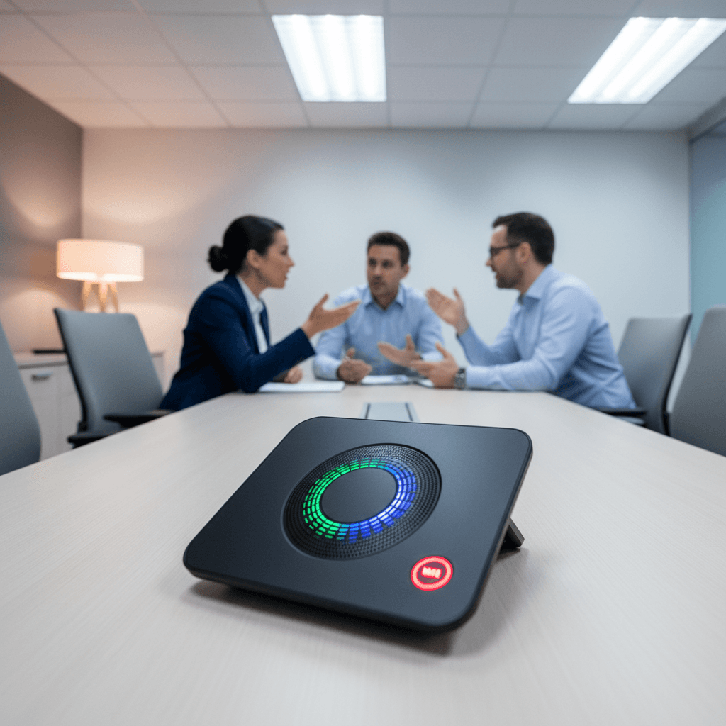 Business team using a conference phone for a group call