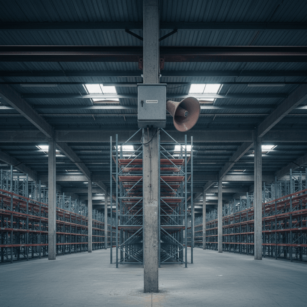 Paging amplifier mounted in a warehouse