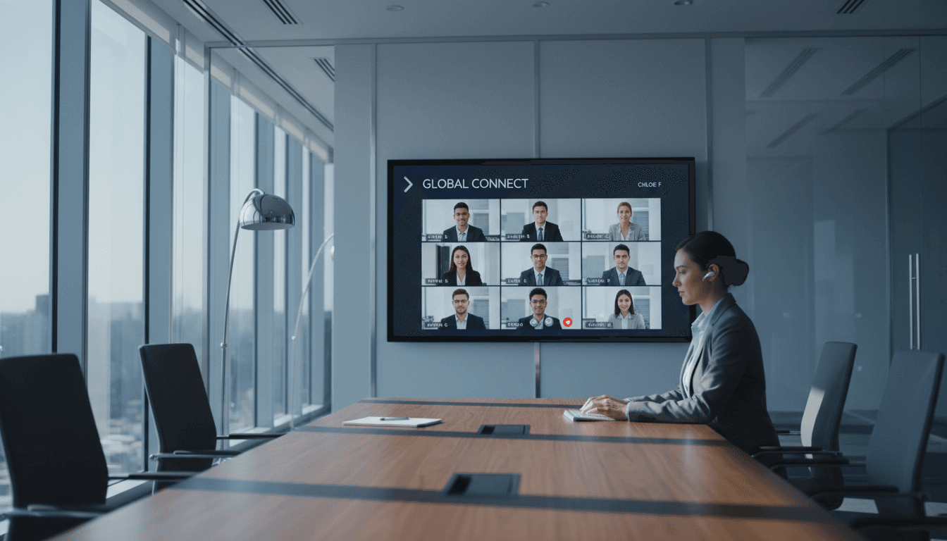 Business professional reviewing E-Metrotel PBX system on monitor during video conference