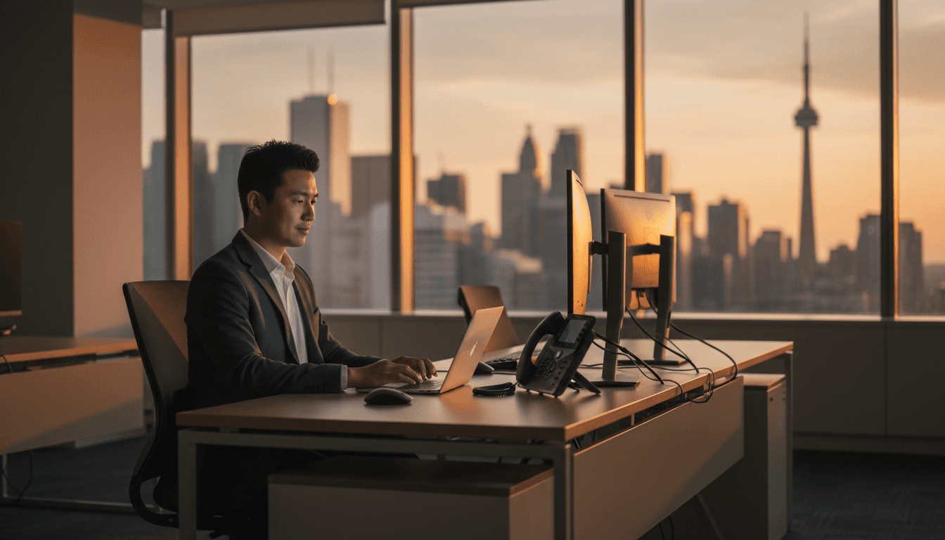 Professional workspace with modern VoIP phone system and business team member