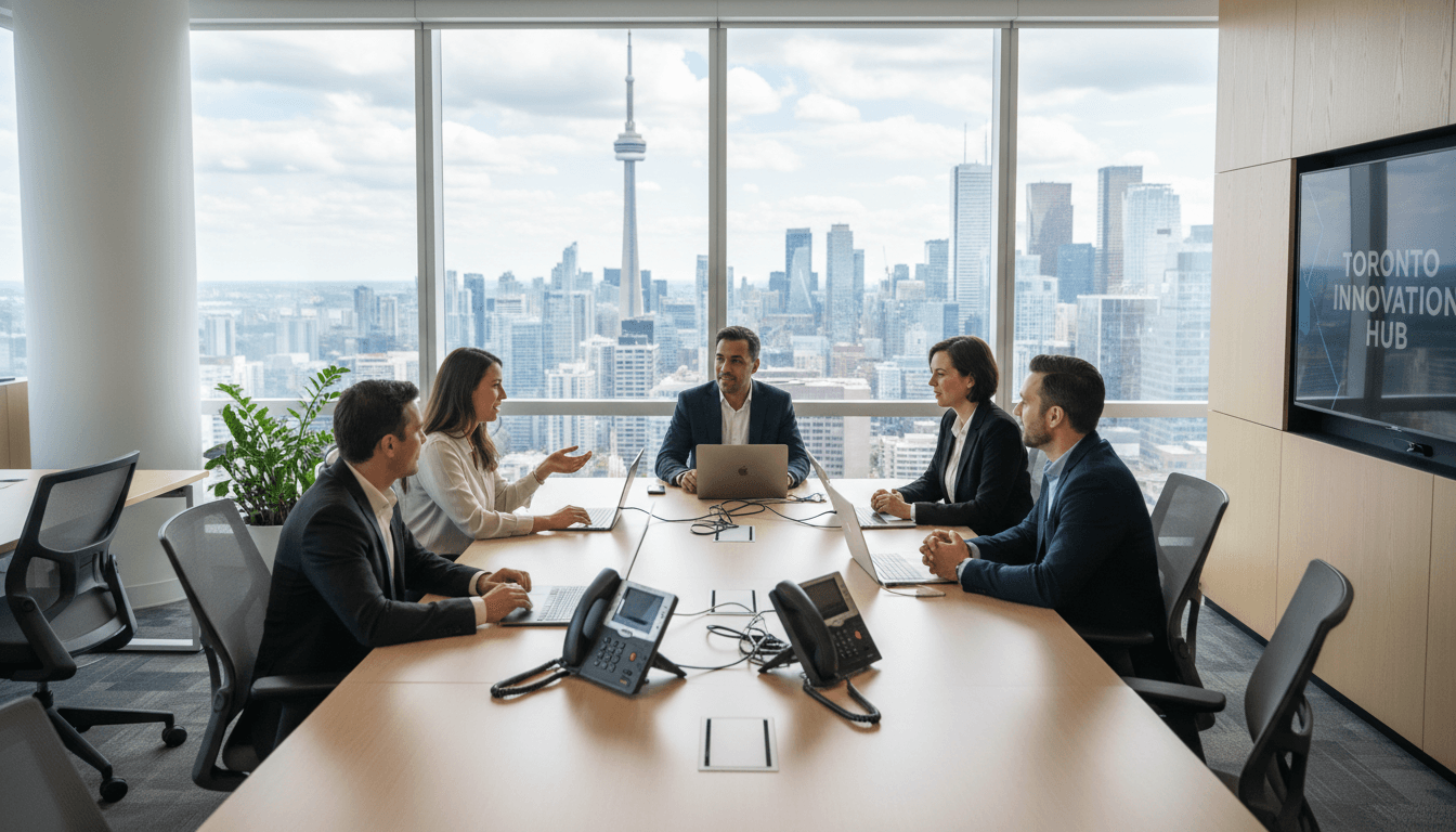 Modern Toronto office space with employees collaborating around a conference table.
