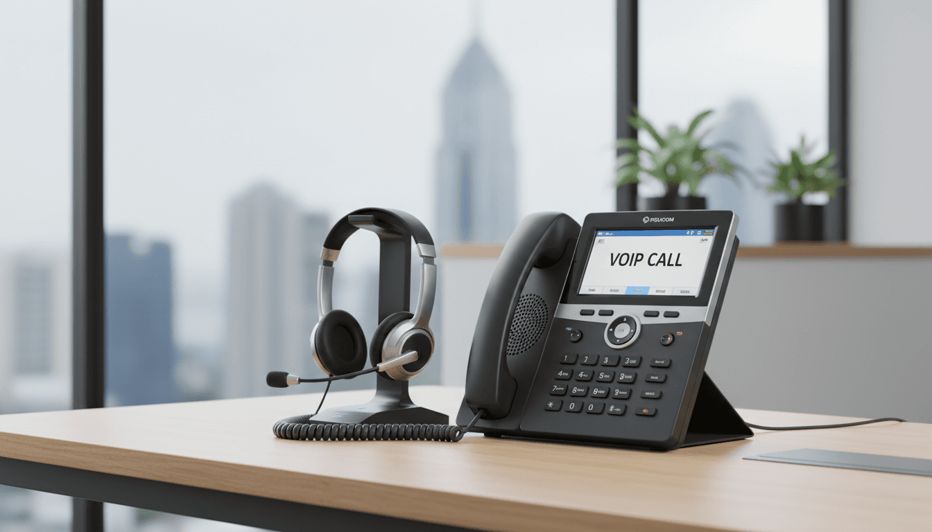 Sleek VoIP desk phone and headset on minimalist office desk setup.