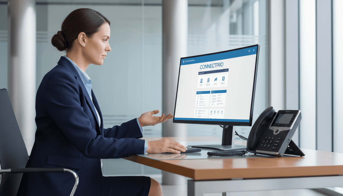 Business professional reviewing VoIP phone system at clean modern desk