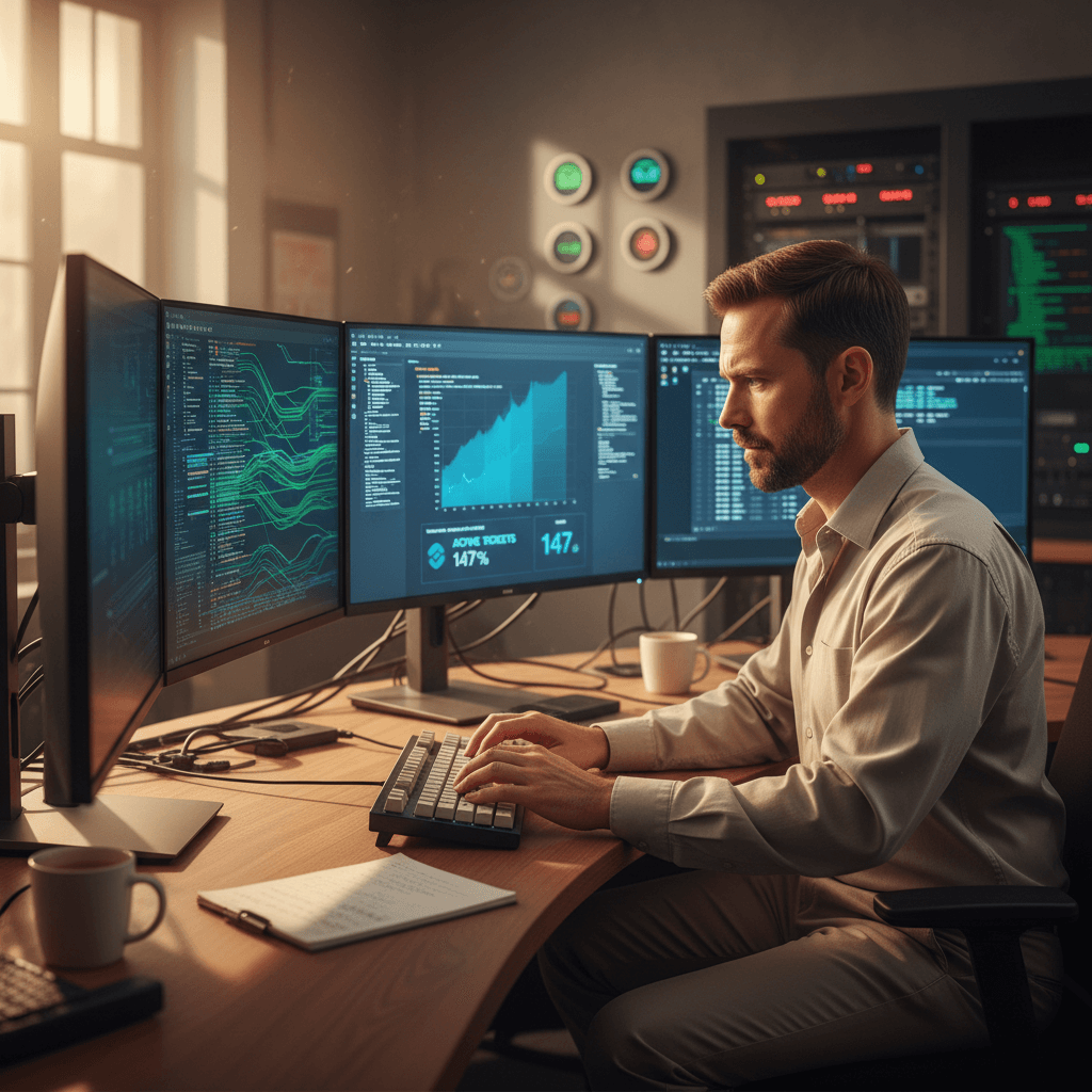 Technical support specialist monitoring telecom systems