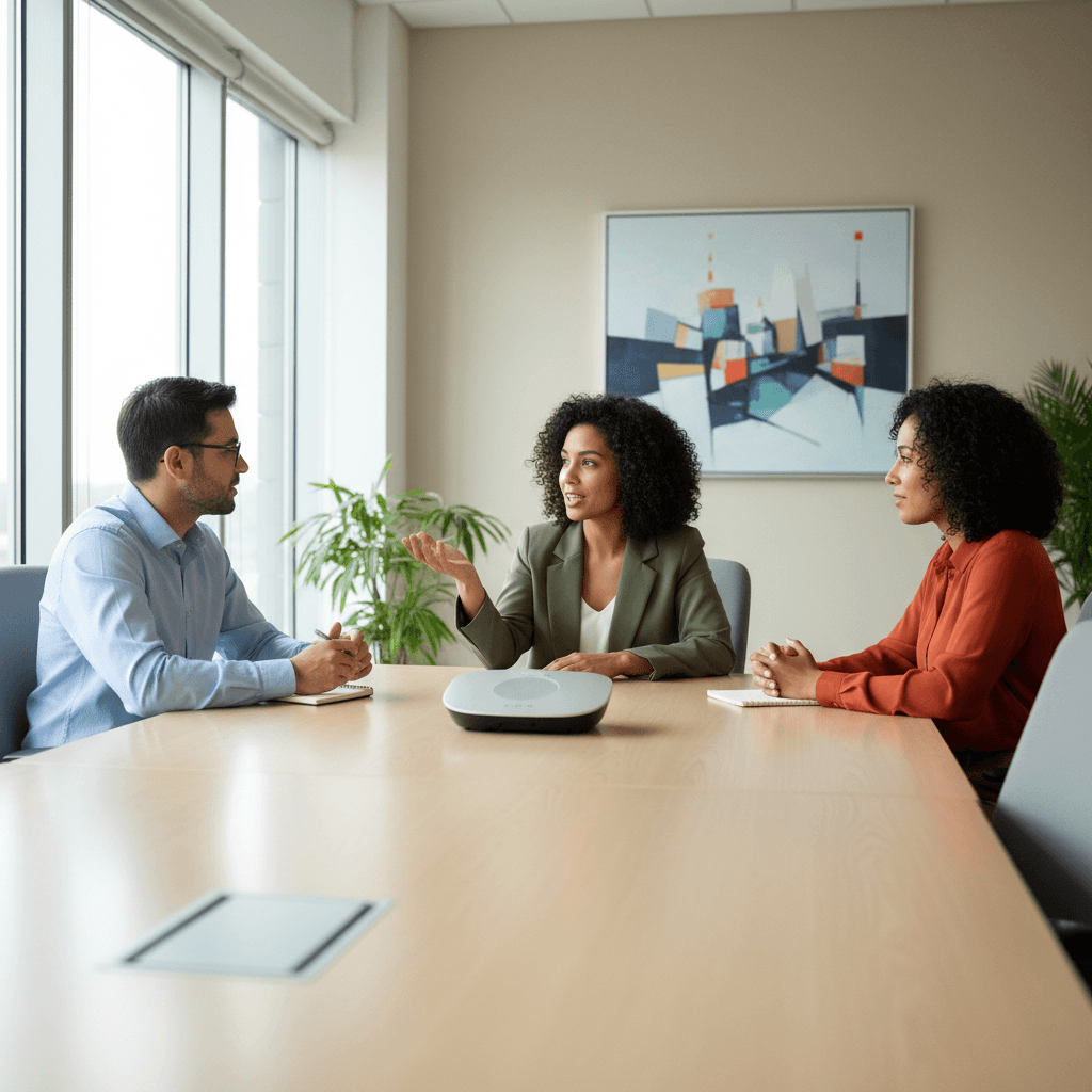 Team participating in conference call together
