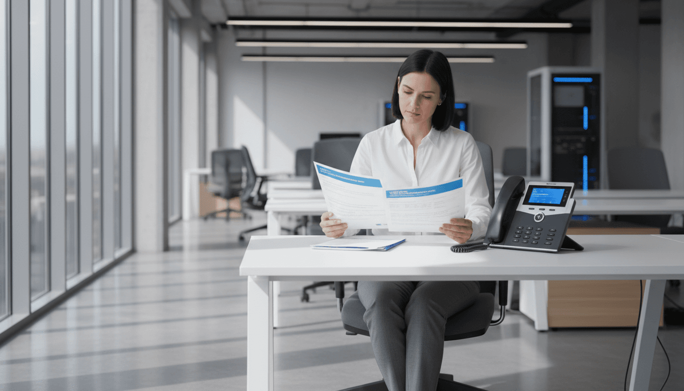 Professional reviewing telecom system documentation at a modern office desk with VoIP phone equipment