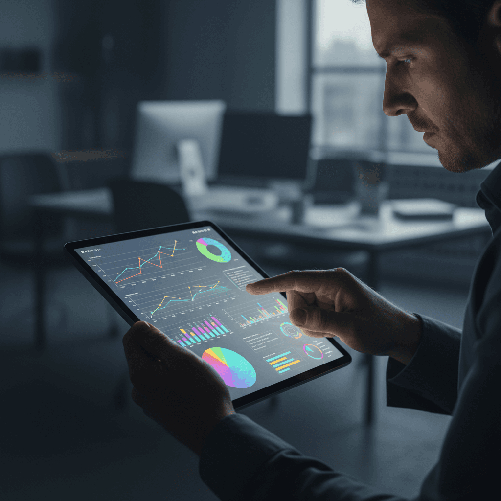 Business owner viewing telecom analytics on tablet