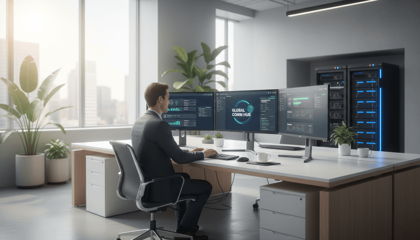 Professional using Yeastar PBX system on computer in modern office