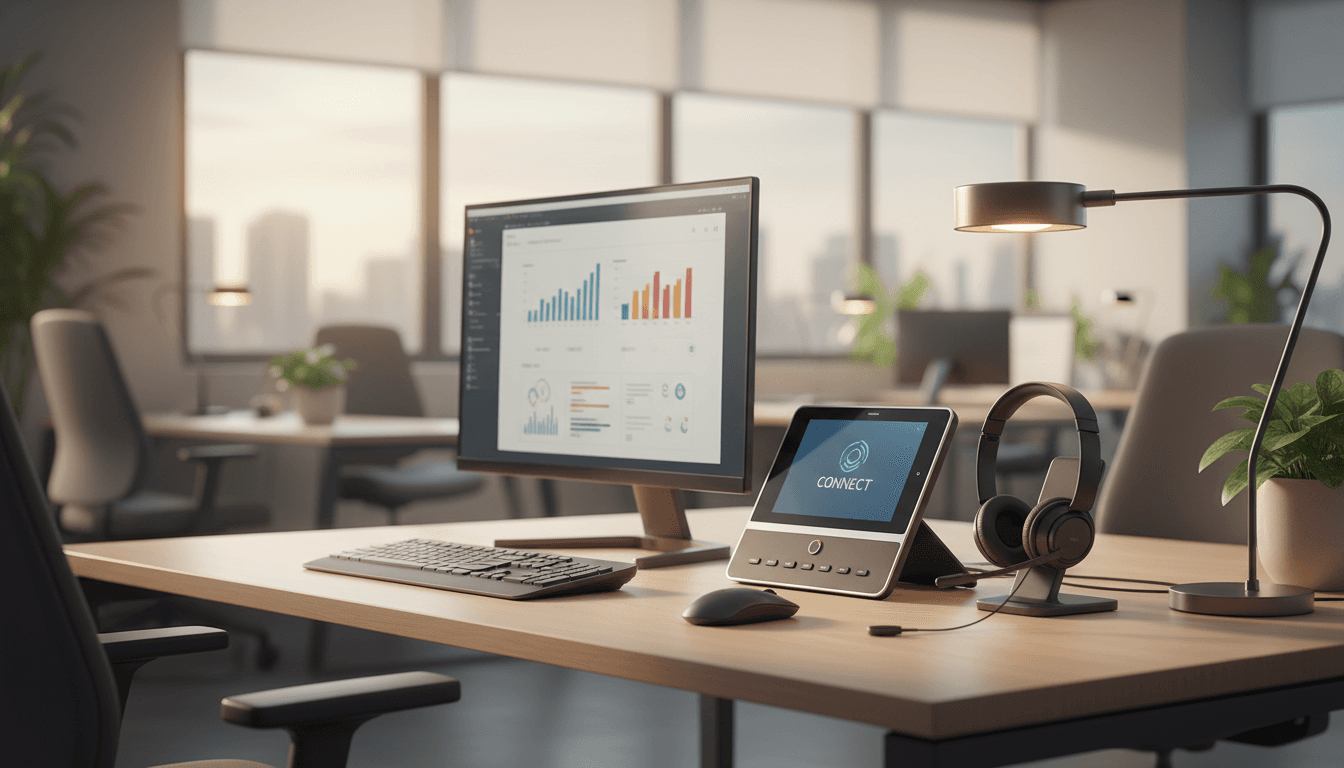 Modern VoIP phone system and headset on a professional office desk