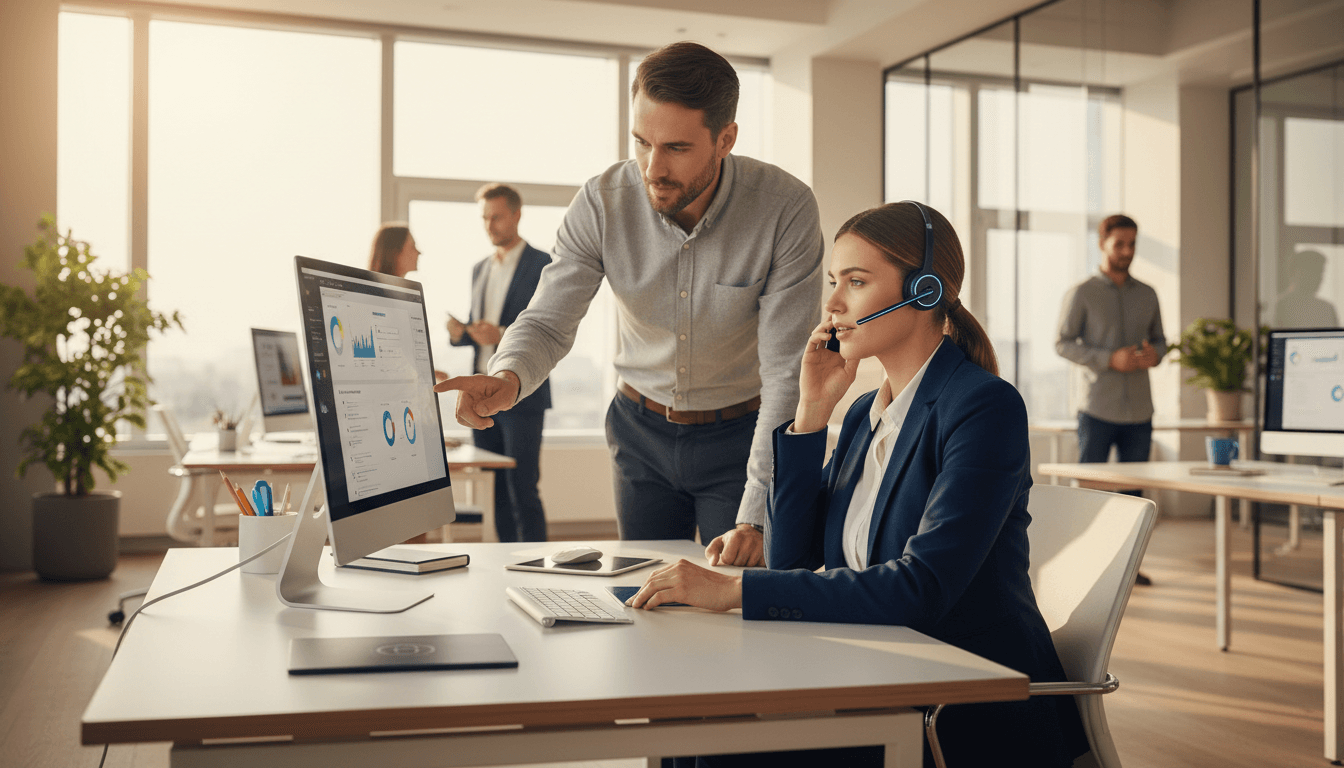 Professional team using E-Metrotel PBX system in modern Toronto office