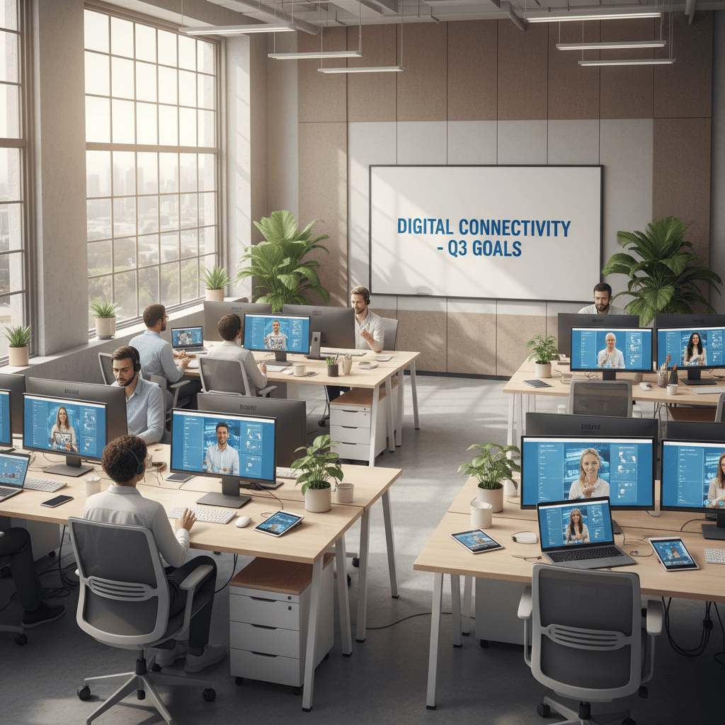 Team members video conferencing on desktop computers