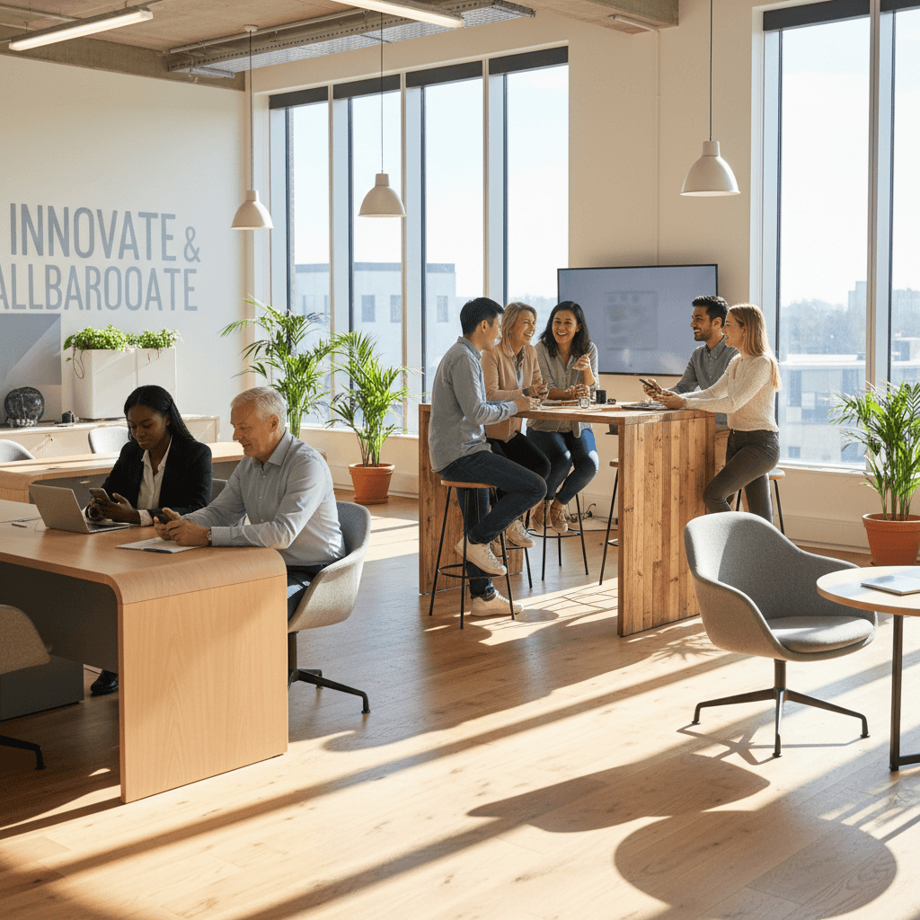 Diverse team collaborating in modern office with VoIP system