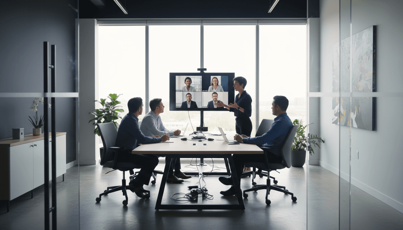 Professional business team conducting a video conference in a modern Toronto office