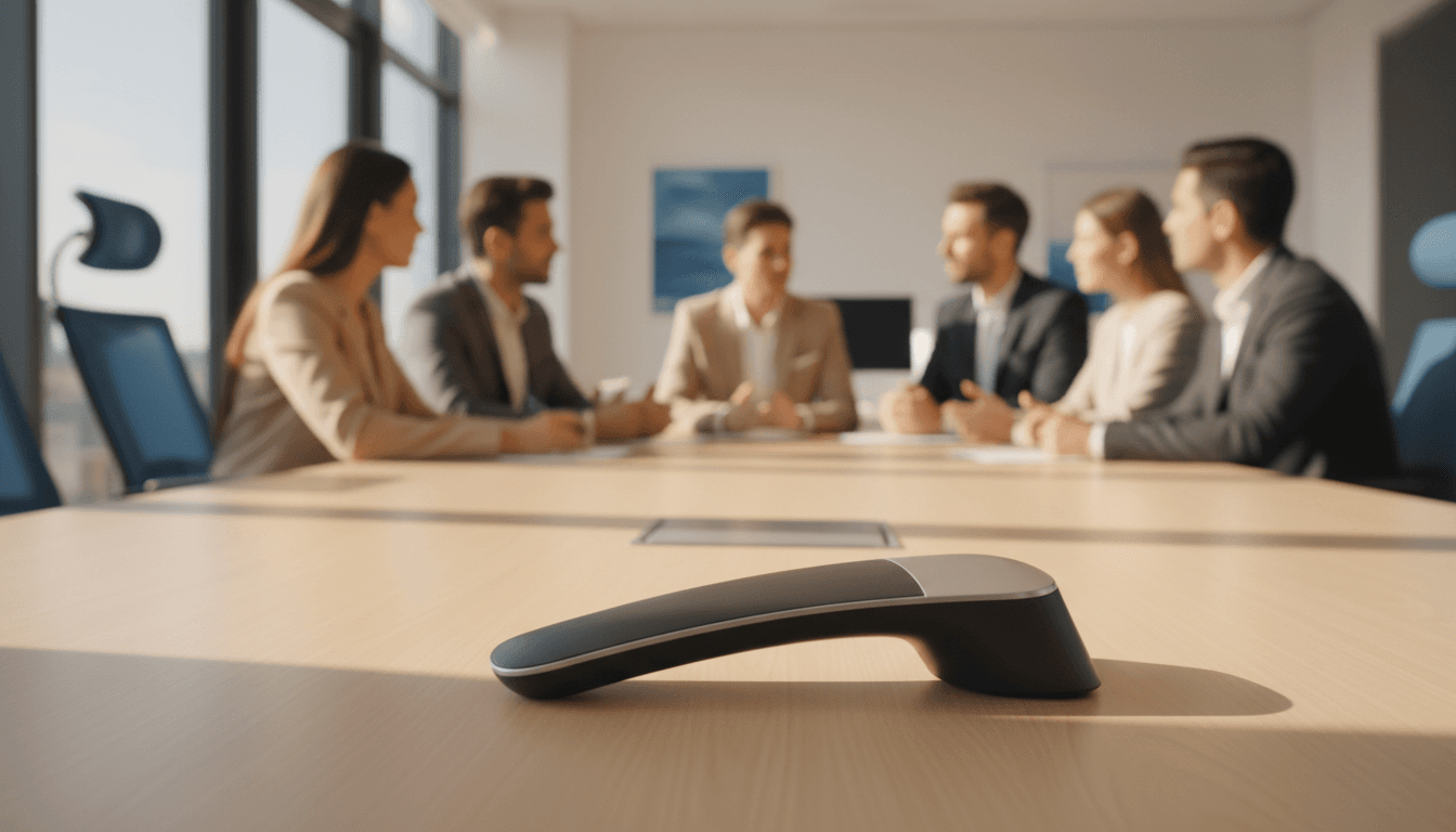 Professional business setting with VoIP phone at focus and team collaborating in background