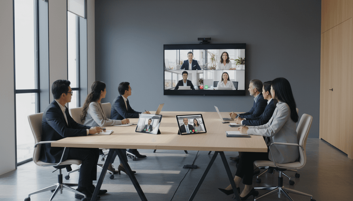 Professional team engaged in a video conference call in a modern office environment