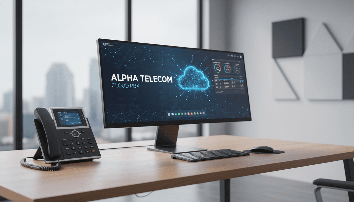 Modern office workspace with desktop computer and VoIP phone setup.