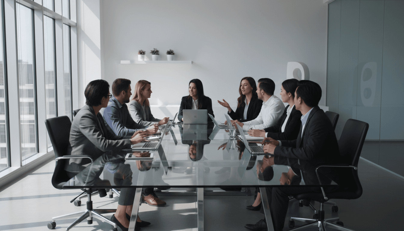 Professional team collaborating in a modern office using business communication technology