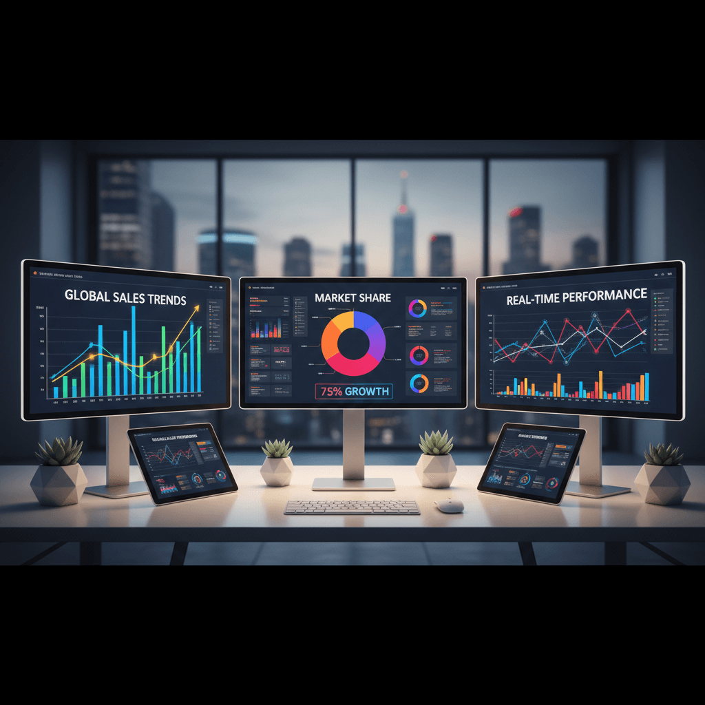 Multiple screens displaying real-time analytics and reporting dashboards