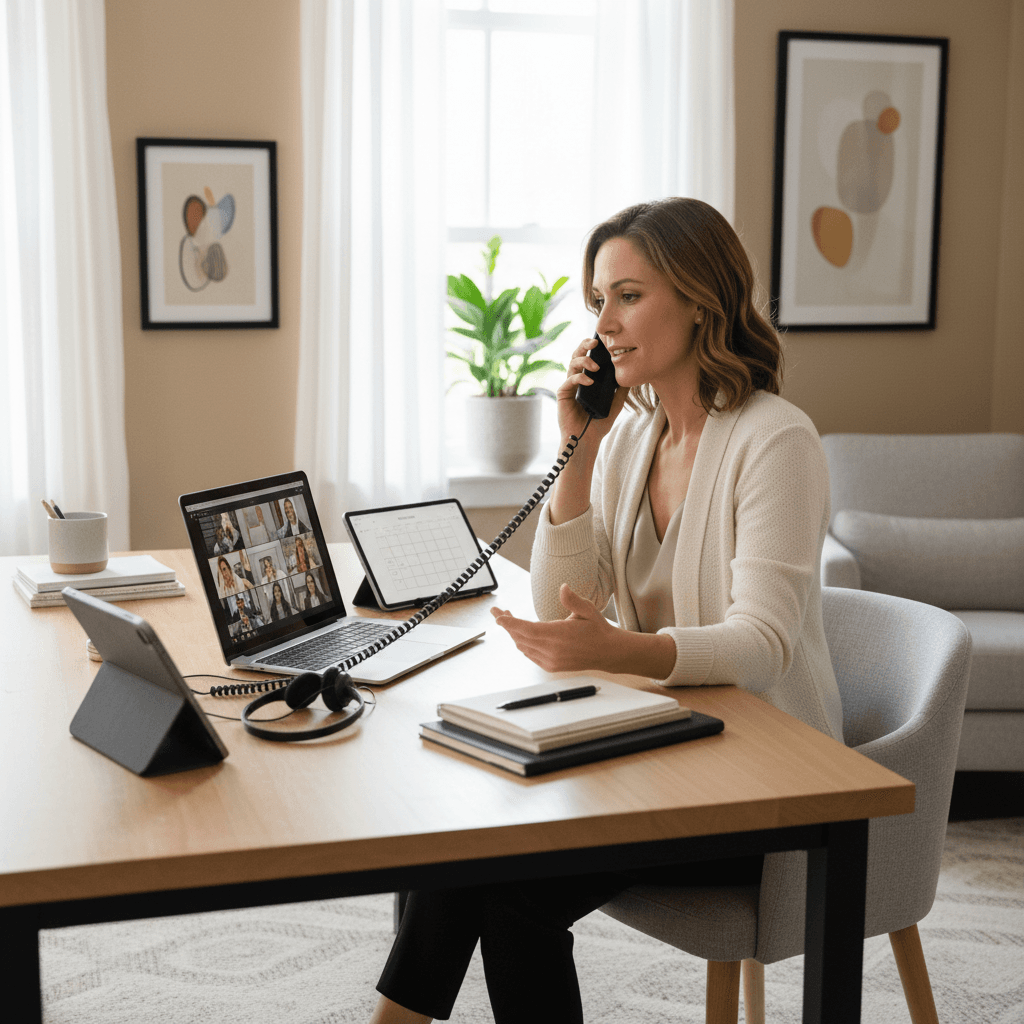 Remote employee using VoIP phone system from home
