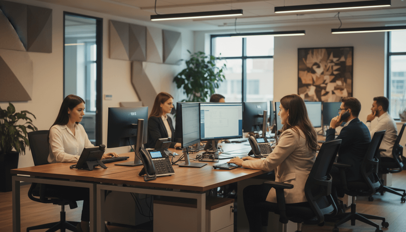 Professional business office with modern Meridian Norstar phone system in use