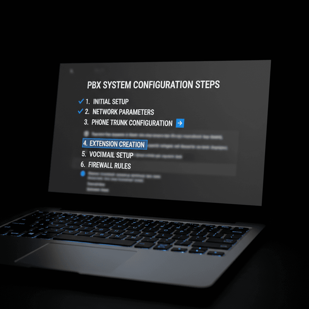 PBX configuration steps displayed on laptop