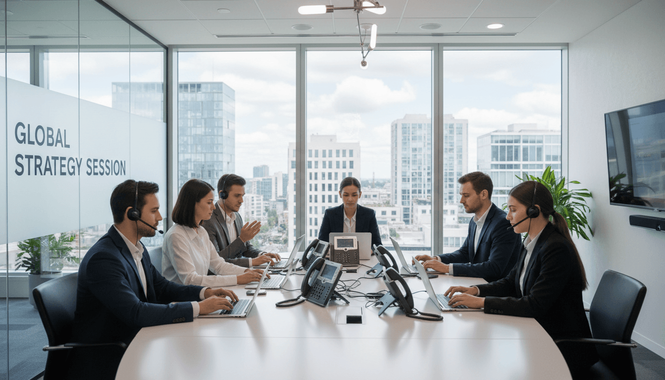 Professional team using Yealink IP phones in a modern office conference room