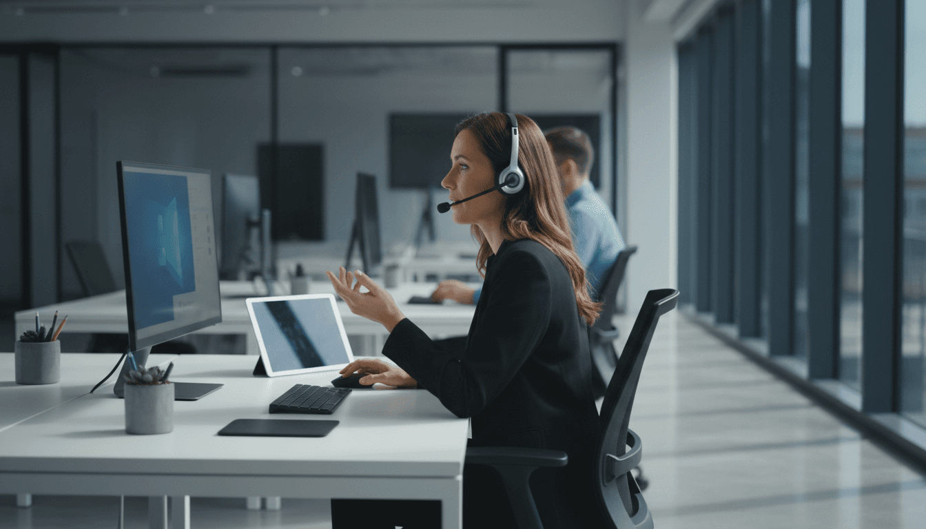 Professional team using modern business phone system in Toronto office