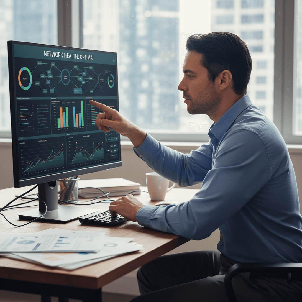 Professional reviewing VoIP diagnostics on screen