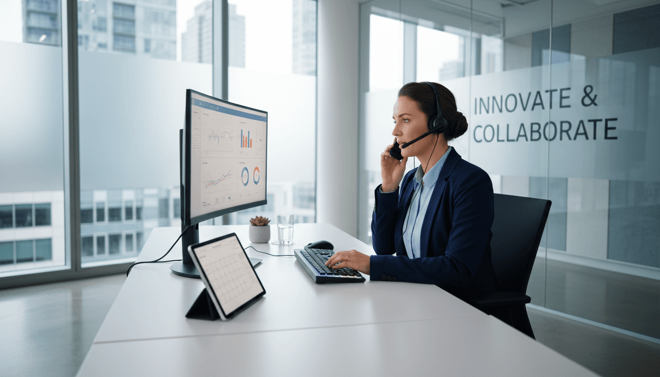 Professional using VoIP phone system in modern office environment