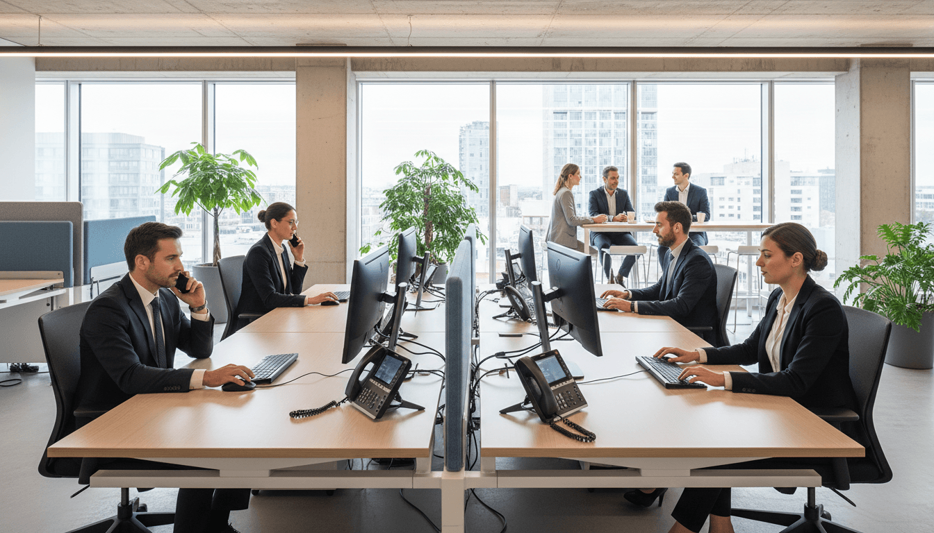 Professional team using advanced IP phone systems in a modern Toronto office environment
