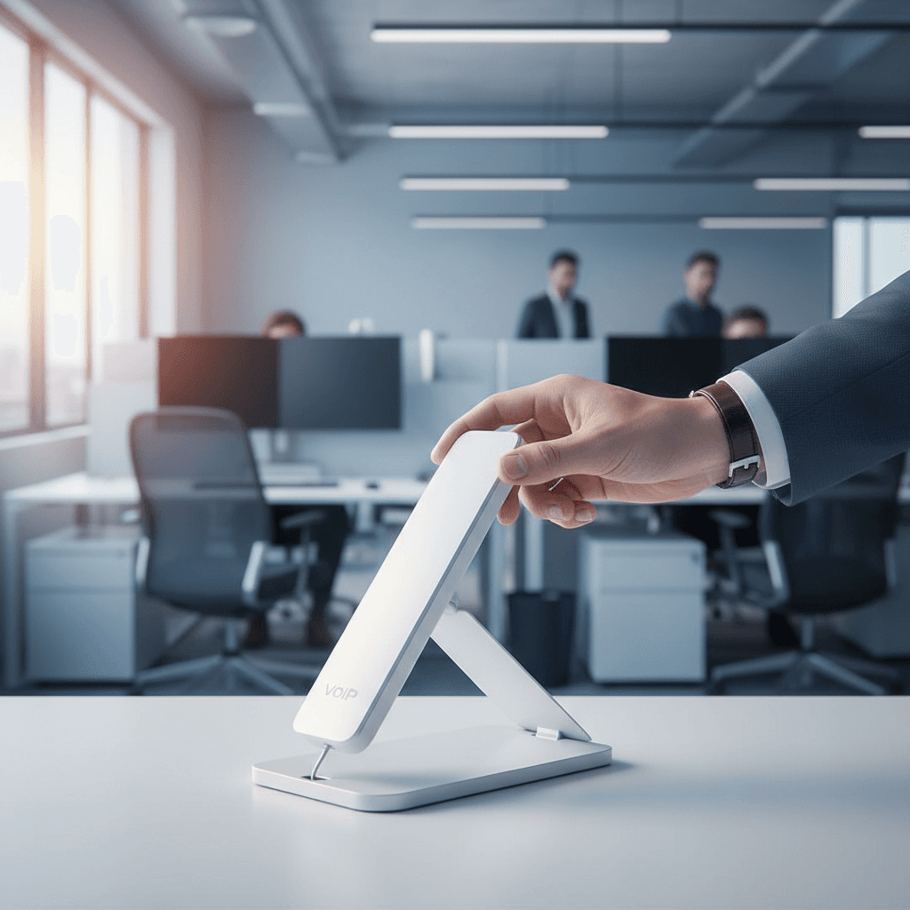 VoIP phone handset in a professional workplace