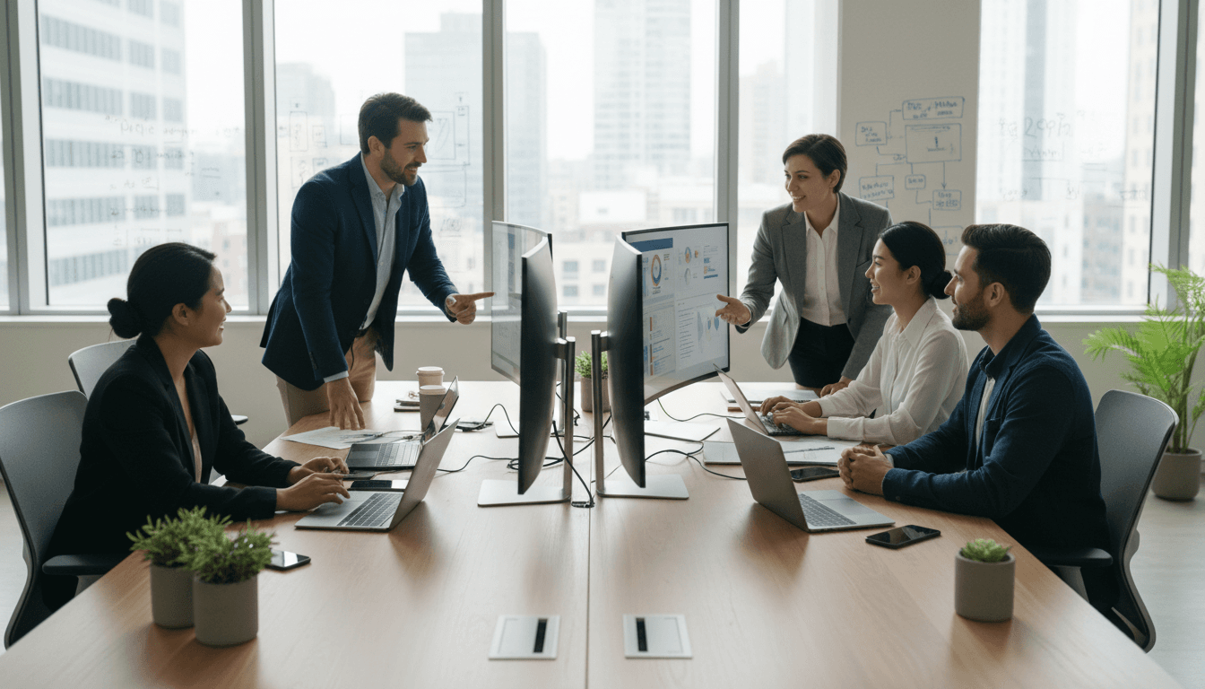 Professional team collaborating in a modern office with business communication setup