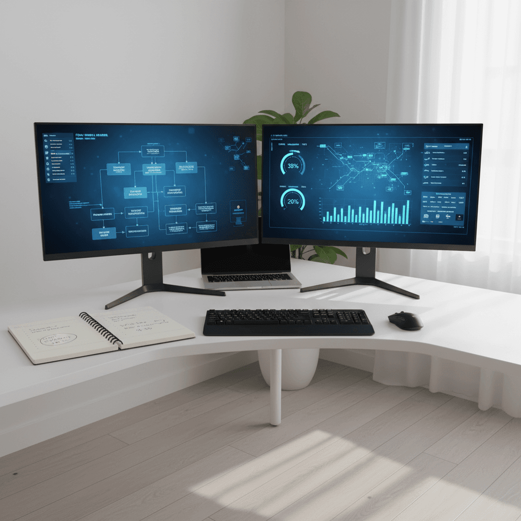 Multiple monitors showing troubleshooting workflow diagrams