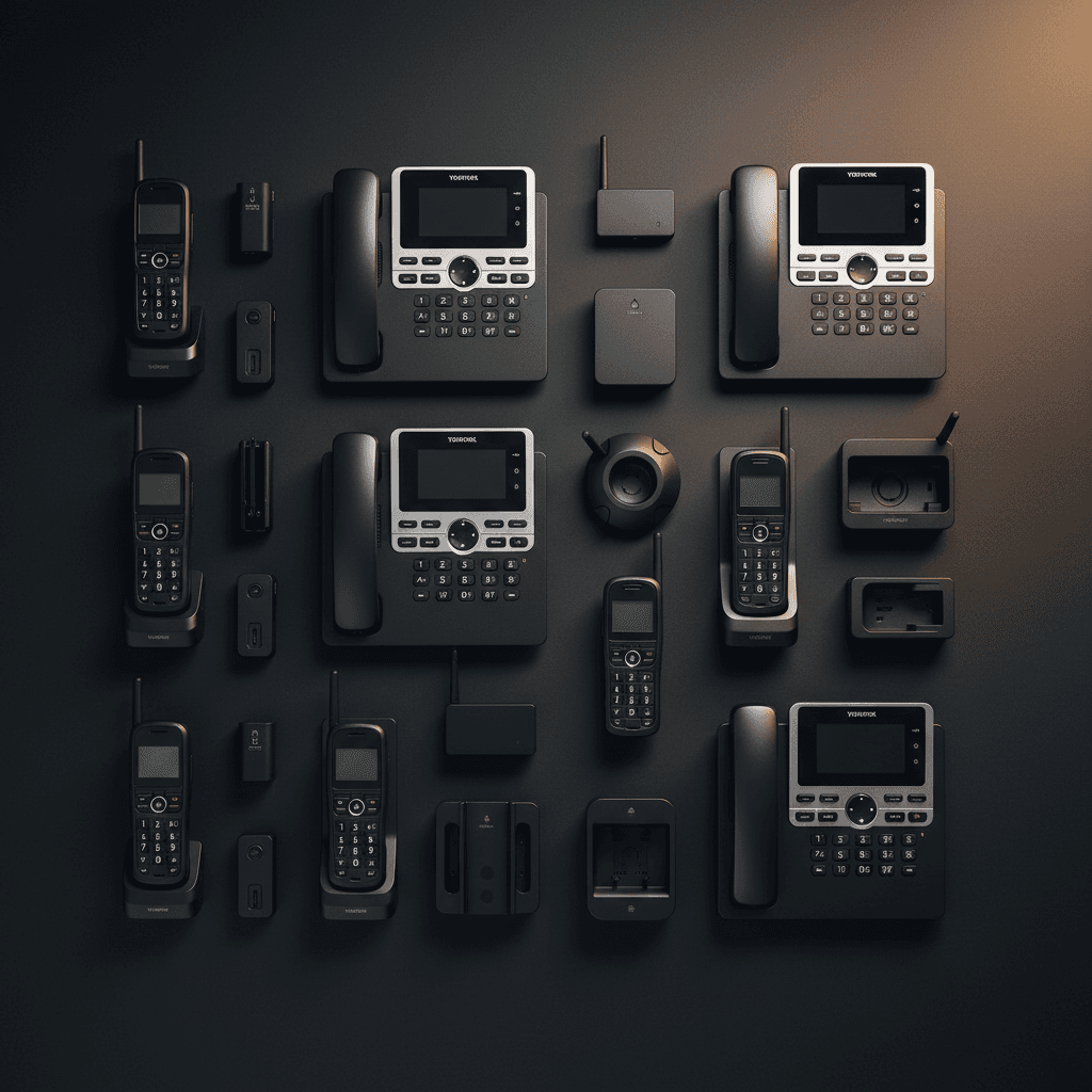 Array of VoIP phones and telecom hardware devices