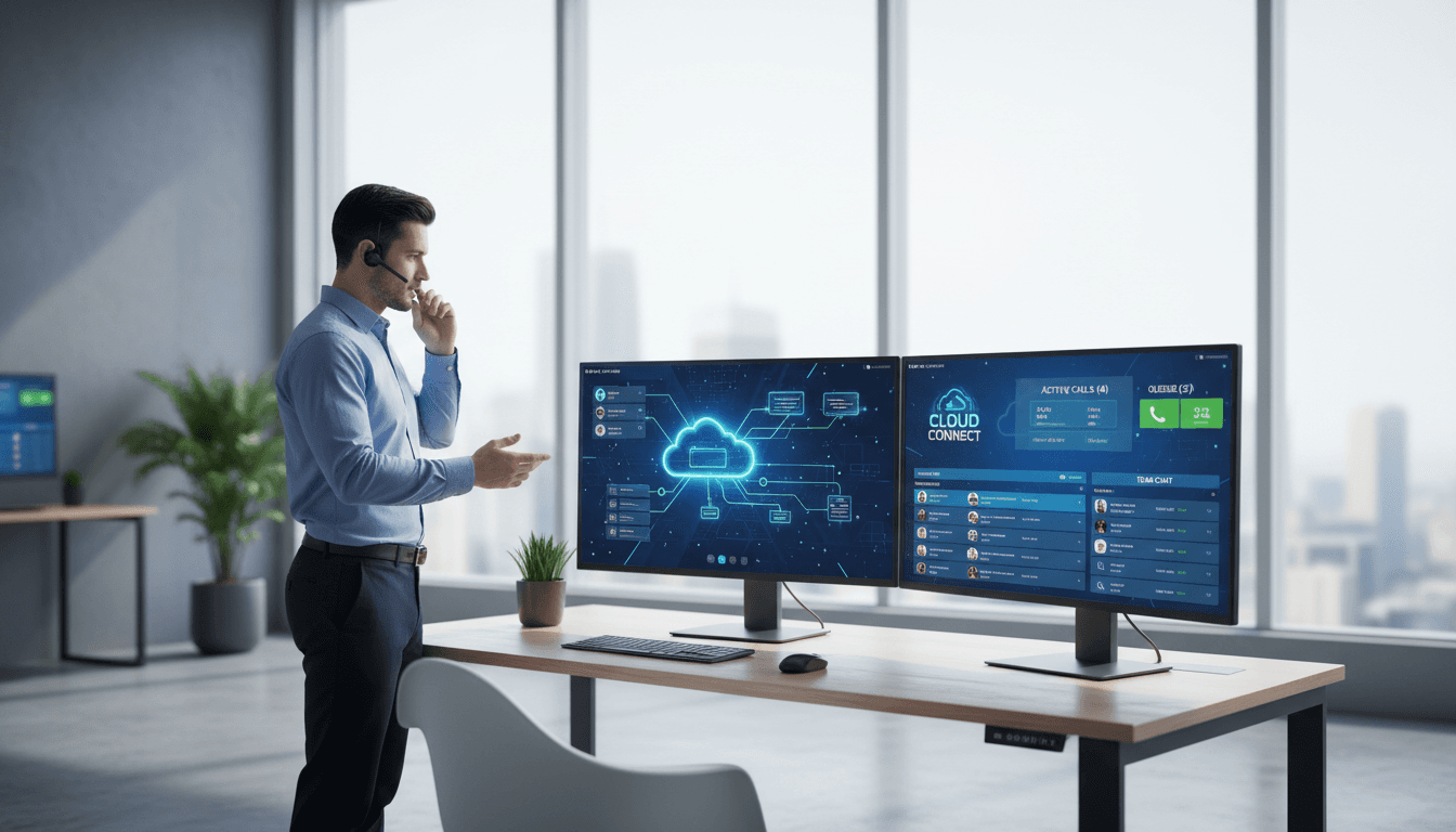 Professional using cloud-based PBX dashboard on multiple monitors in a modern office