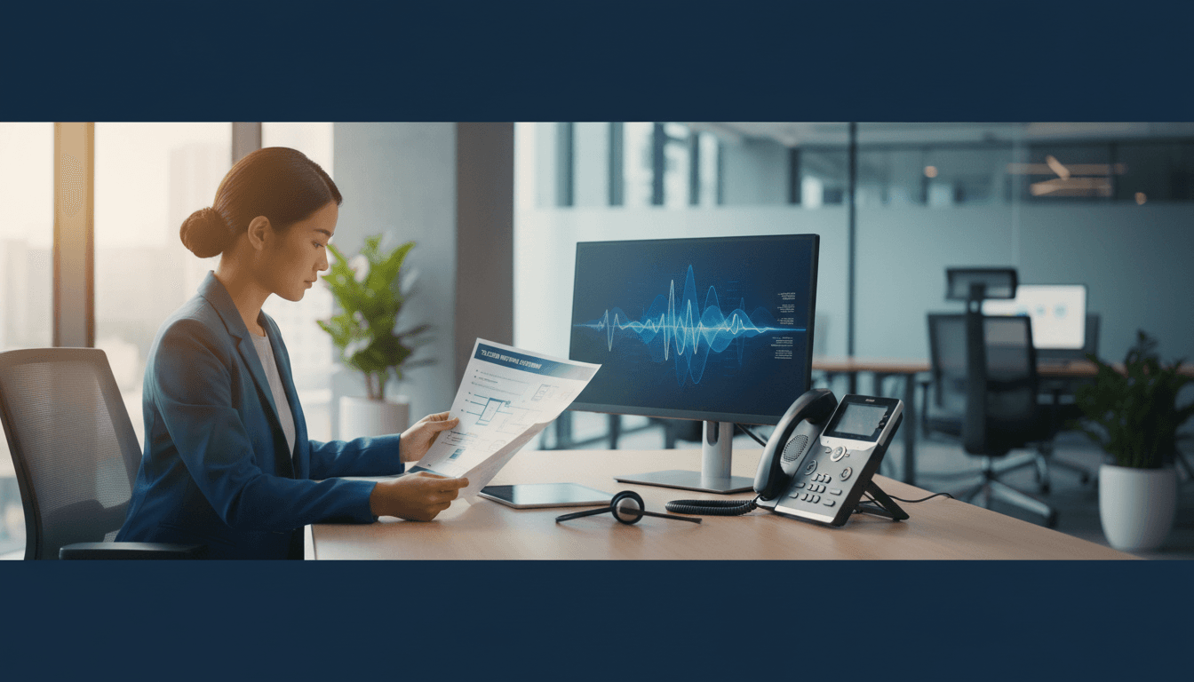Business professional reviewing VoIP phone system documentation at modern office desk