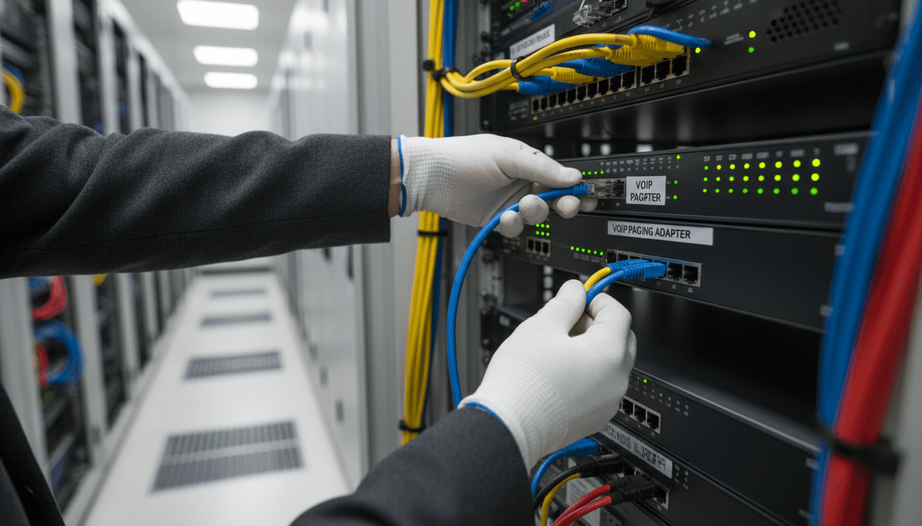 Technician installing a VoIP paging adapter in a server room