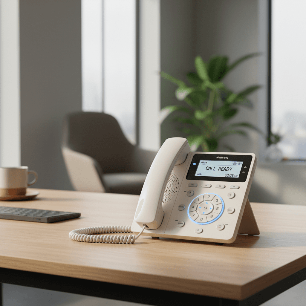 Modern VoIP phone handset on professional desk