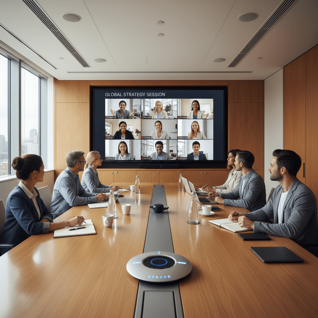 Team conducting video conference in modern meeting room