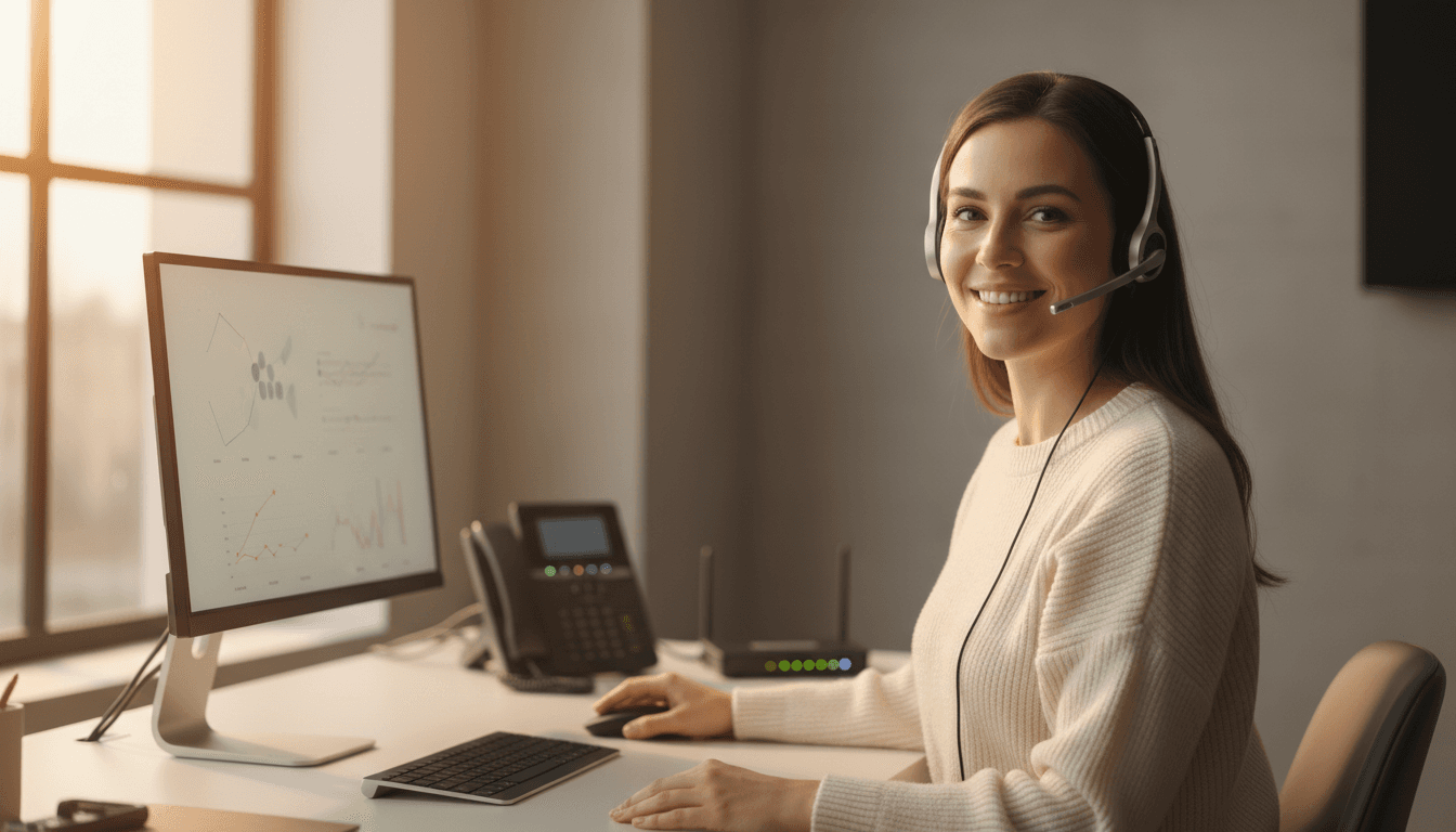 Customer support specialist wearing headset, smiling warmly at desk