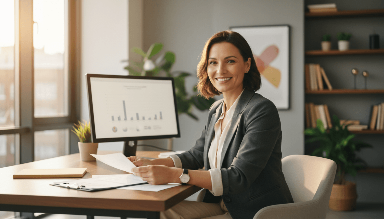 Satisfied business owner in Toronto office reviewing communication solutions