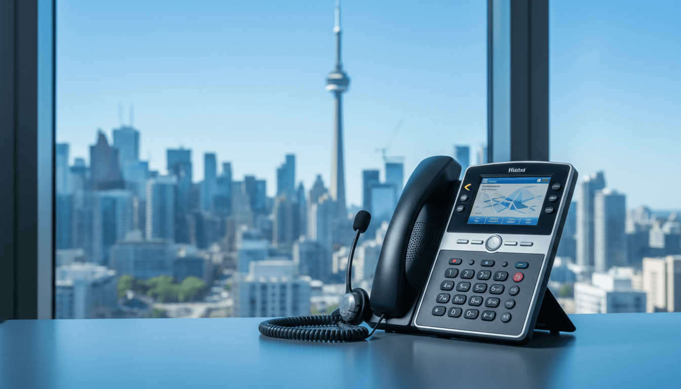 VoIP phone system on blue background with Toronto cityscape view.